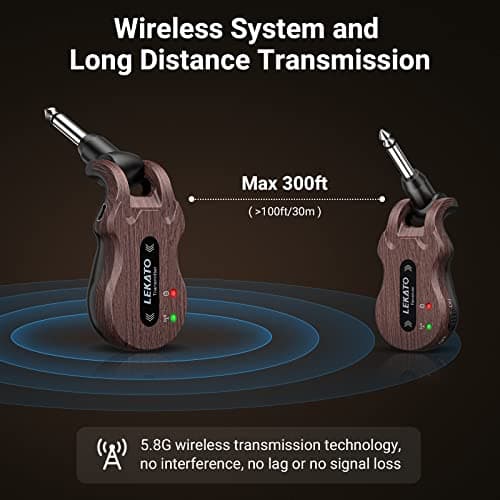LEKATO Wireless Guitar System 5.8 Wireless Guitar Transmitter Receiver Rechargeable Audio Wireless Transmitter Receiver 4 Channels Transmission Range for Electric Guitar Bass (Grain)