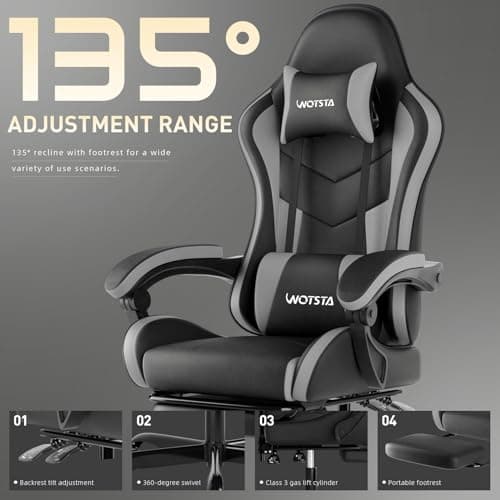 Gaming Chair with Footrest, Ergonomic Gaming Chair, Computer Chair with Lumbar Support, Headrest, Height Adjustable PC Chairs with 360° Swivel Seat for Office or Gaming BlackGrey