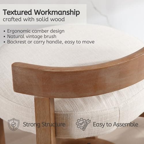LukeAlon Mid Century Linen Counter Stools Set of 3, Upholstered 26.5" Seat Height Low Barstools with Natural Wood Legs Round Low Back Kitchen Stools with Footrest for Dining Room, Beige