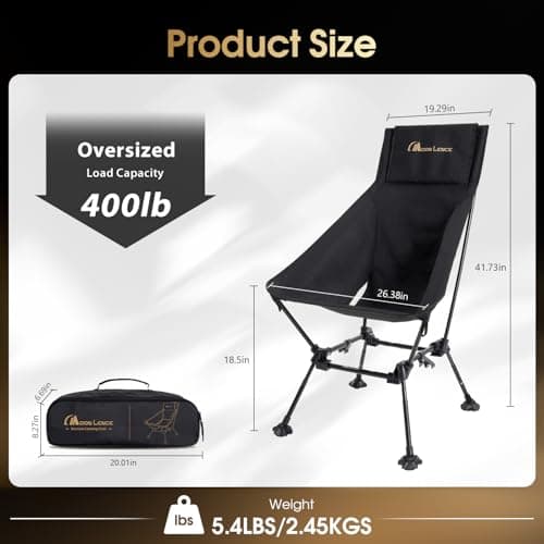 MOON LENCE Oversized High Back Camping Chair for Adults, Height Adjustable Folding Camp Chair | 400 lbs Capacity & 5.4 lbs Weight, Hidden Pillow Pocket Wide Seat for Camping Fishing Overlanding, Black