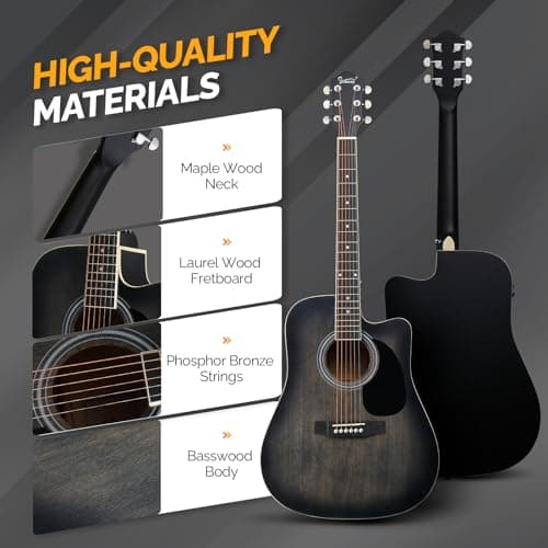 GLARRY Full Size 6 Strings Acoustic Electric Guitar Beginner Kit, Cutaway 41 Inch Electric Acoustic Guitar w/Inbuilt Tuner, Bag, Strap, Picks, Strings, Basswood Guitarra, Matte Distressed Black