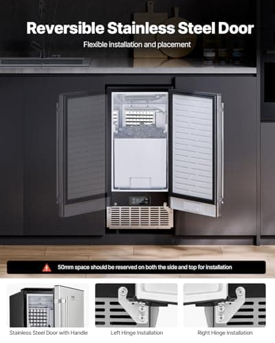 VEVOR Under Counter Ice Maker, 80 Lbs/Day Stainless Steel Built-in Ice Makers Machine with Drain Pump Reversible Door, 26lbs Storage Freestanding Ice Maker for Commercial Home Kitchen