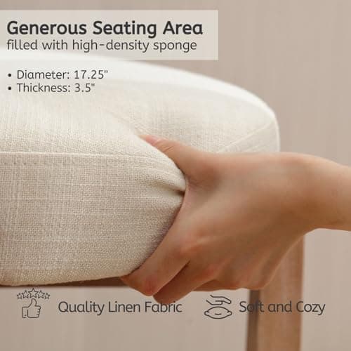 LukeAlon Mid Century Linen Counter Stools Set of 3, Upholstered 26.5" Seat Height Low Barstools with Natural Wood Legs Round Low Back Kitchen Stools with Footrest for Dining Room, Beige