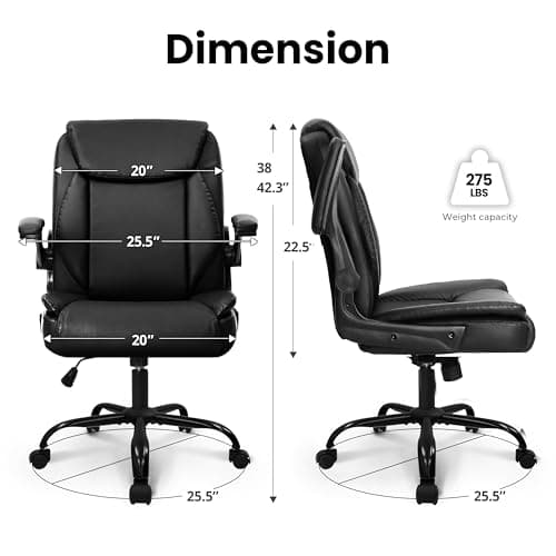 NEO CHAIR Desk Office Gaming Computer Chair Ergonomic Executive Mid-Back Leather with Adjustable Padded Flip-Up Armrests Cushion Wheels Swivel for Home Study Task (Black White)