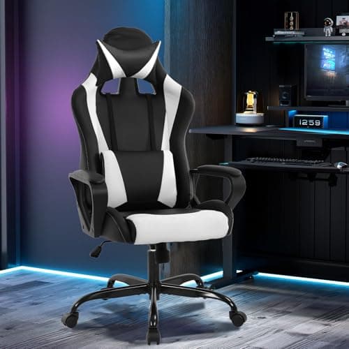 Gaming Chair Office Chair High-Back Ergonomic Video Game Chairs for Kids Teen Adult Height Adjustable Reclining Computer Chair with Lumbar Support Armrest Headrest Game Chair - White