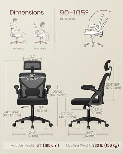 VASAGLE Ergonomic Mesh Office Chair with Adjustable Lumbar Support and Headrest, 90-105° Tilt Function, Wide Seat, Flip‑Up Armrests, Computer Desk Chair for Home Office, Ink Black UOBN044BH01S