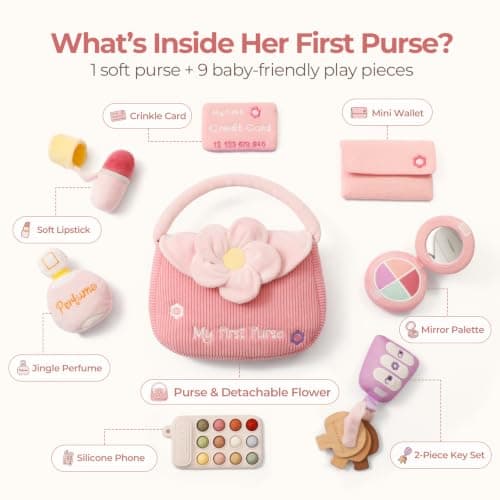 Teether Phone, Wooden Keys & Car Key, Soft Baby Purse with Mirror & Crinkle Card, Sensory Pretend Play, 1 Year Old Girl Gifts let's make My First Baby Purse, 10 Pcs Sensory Toy for Baby & Toddler Girls B0H151K19V