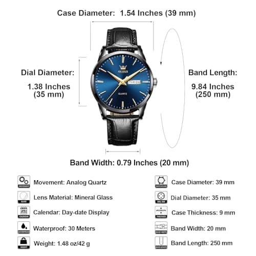QBAIZI Men's Casual Leather Watch, Easy to Read Three-Hand Analog Stainless Steel Watches for Men, Minimalist Day Date Waterproof Luminous Mens Quartz Wristwatch