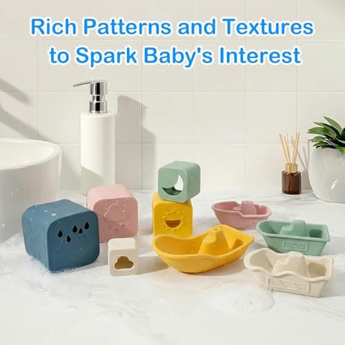 MCGMITT Baby Bath Toys for Kids Ages 1-3, 12 PCS Silicone Mold Free Bathtub Toys for 6-12 Months, Soft Stacking Cups & No Hole Duck & Floating Boats, Beach Sand Water Table Pool Toys for Toddlers