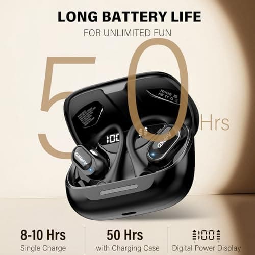 Open Ear Headphones, Bluetooth 5.4 Wireless Earbuds Premium Sound with HD Mic, 48H Playtime LED Power Display Auto Pairing Ear Buds, IPX7 Lightweight Comfort Earphones for Sporting, Working, Black
