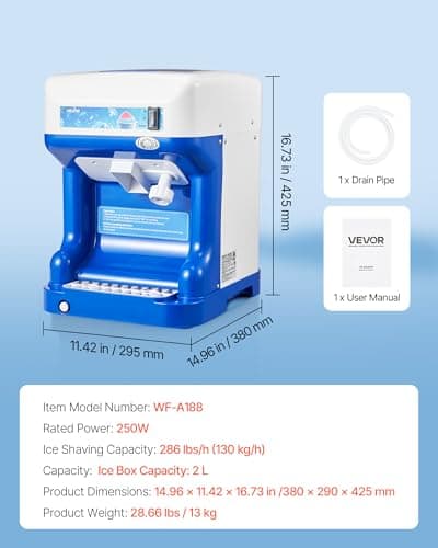 VEVOR Commercial Ice Shaver Crusher,286lbs Per Hour Electric Snow Cone Maker with 2L Ice Cube Box, 250W 1500RPM Tabletop Shaved Ice Machine for Parties Events Snack Bar, Home and Commercial Use (Blue)