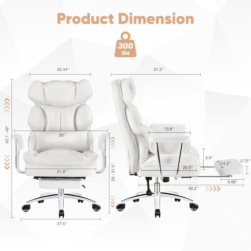 Sweetcrispy Executive Home Office Desk Chair - Ergonomic Big Tall High Back with Footrest & Lumbar Support, Reclining Height Adjustable, Comfy PU Leather Computer Gaming with Swivel Wheels, White