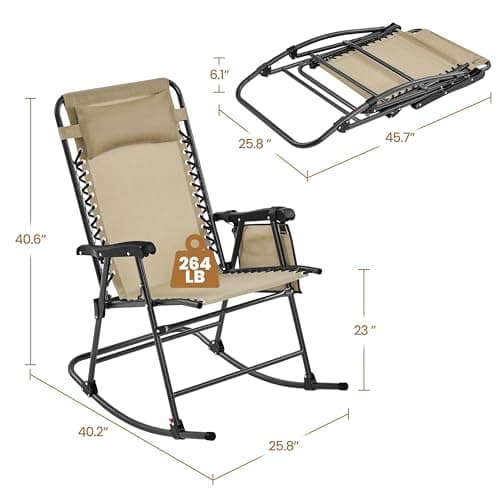 Yaheetech 26in Rocking Chair Outdoor Zero Gravity Folding Chairs Rocking Chairs Foldable Outdoor Reclining Lounge Chair for Outside Lawn with Cupholder/Pillow Ergonomic Design for Rest, Beige