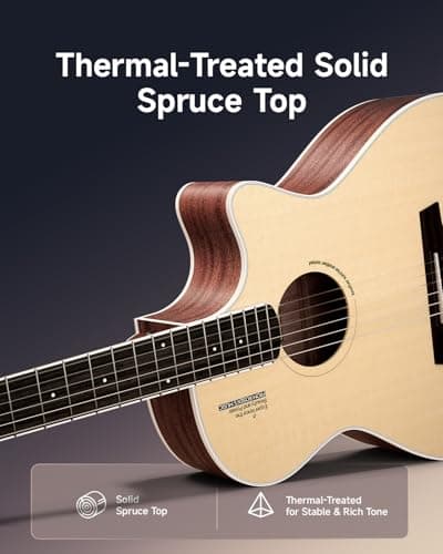 Rosen V1 Hybrid Acoustic Guitar for Beginners Adults Patented Body with Solid Spruce Top & Soft Touch Strings Thin Neck & Open Pore Matte 40 Inch,Black