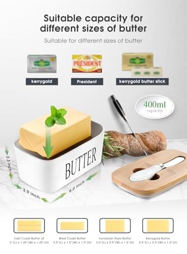Butter Dish with Lid, Home Decor, Large Butter Dish for Countertop Ceramic Butter Keeper Container with Knife and High-Quality Silicone Sealing Butter Dish Good Kitchen Gift White