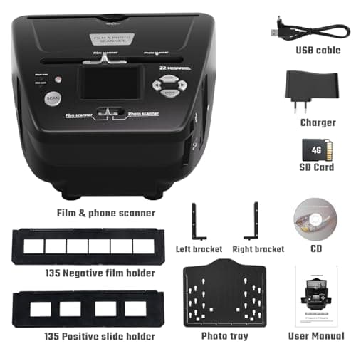 Photo and Slide Scanner with 2.4” LCD Screen, Convert Negatives & Slides 35mm/135 Film, Photo(3R,4R,5R), Business Card to 22MP JPEG Digital Photos, 4GB SD Card Included