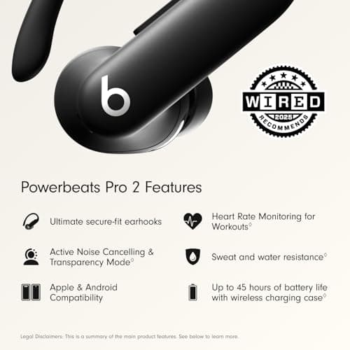 Beats Powerbeats Pro 2 - Wireless Noise Cancelling Workout Earbuds with Secure- Fit Earhooks, Up to 45-Hour Battery with Charging Case, Sweat & Water Resistant, Heart Rate Monitoring - Jet Black