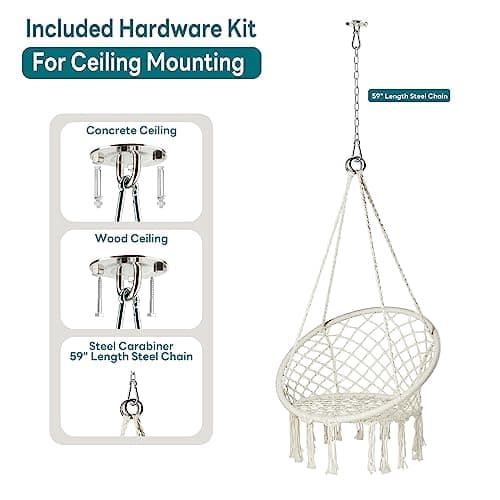 JoyView Macrame Hammock Chair Hanging Swing Chair Max 330 Lbs with 2 Cushions and Hardware Kits for Indoor Outdoor Bedroom Patio Garden - Beige