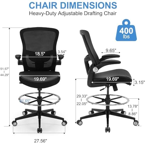 Drafting Chair 400lbs Heavy Duty Tall Office Chair Big and Tall Ergonomic Standing Desk Chair with Lumbar Support and Adjustable Footrest Ring, Comfy Mesh Wide Chair with Flip-up Armrests, Black