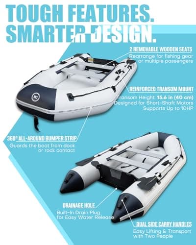Inflatable Dinghy Boat with Drop-Stitch Floor 10ft Portable Inflatable Boat for 3-4 Adults, Motor Compatible, Heavy-Duty PVC, Ideal for Fishing, Cruising, and Rescue Use