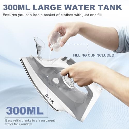 OSTBA 1600W Steam Iron for Clothes with Rapid Heating Nonstick Soleplate, Precise Thermostat Dial, Self-Cleaning, Anti-limescale, Drip Stop Function, 300ml Water Tank Clothes Iron
