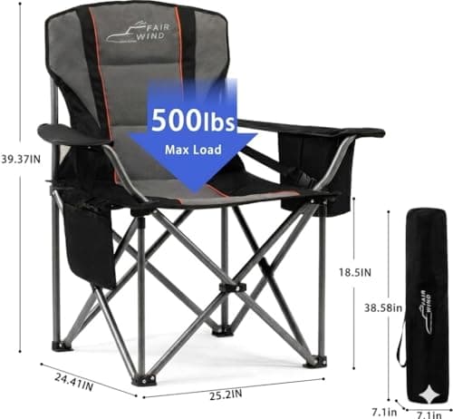 FAIR WIND 2 Pack Fully Padded Oversized Camping Chair Heavy Duty Lawn Chair Set with Adjustable Lumbar Support, Cooler Bag & Cup Holder for Camp, Outdoor,Sports - Support 500LBS