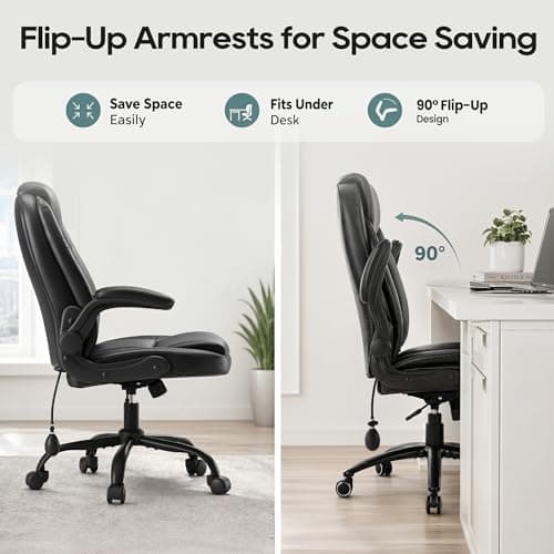 MALOL Leather Office Chair, Computer Desk Chair with Adjustable Lumbar Support, Thick Cushion, Flip-Up Arms and Ergonomic Back, Comfy Executive Office Chair for Home Office Gaming,Black