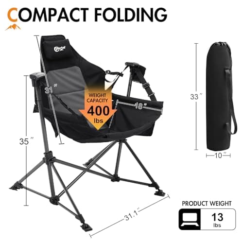 Portal Hammock Camping Chair Heavy Duty 400lbs - Swinging Chair Outdoor with Adjustable Recline & Headrest Pillow, Portable Hammock Swing Chair for Camping Beach Sports Events, Black