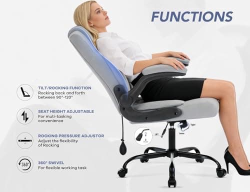 Office Chair with Adjustable Inflatable Lumbar Support,Leather Ergonomic Computer Desk Chair with Flip-up Arms,Adjustable Tilt Lock,Swivel Rolling Executive PC Chair for Work,Study,Meeting.Grey