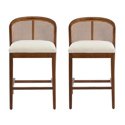 Christopher Knight Home JENA Rattan Counter Stools Set of 2, Counter Height Bar Stools for Bar Table, Rubberwood Frame with Upholstered Barstools, Wood Accent Chair with Footrest, Beige + Walnut