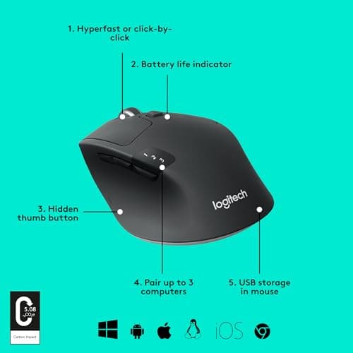 Logitech M720 Triathlon Wireless Mouse, Bluetooth, USB Unifying Receiver, 1000 DPI, 6 Programmable Buttons, 2-Year Battery, Compatible with Laptop, PC, Mac, iPadOS - Black