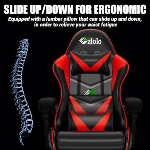 Czlolo Gaming Chair with Footrest Racing Style Lumbar Support Massager Video Game Chair with Metal Legs, High Back Reclining Gamer Chair with Headrest, 360° Swivel Office Computer Desk Chair (Red)