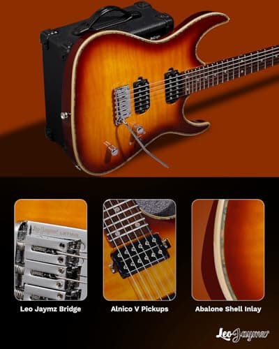 Leo Jaymz Hurricane Series Electric Guitar,Double Cut Arched Top Mahogany Body,Reverse Headstock,Roasted Maple Neck,Rosewood Fretboard,Alnico V Pickups,Locking Tuners,Tremolo Bridge (Sunburst)