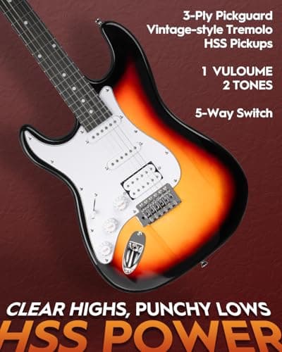 STRICH Electric Guitar Left Hand Beginner Kit, Solid Body 39" Electric Guitar HSS Pick Up for Starter, with 5W x 2 Amp, Bag, Capo, Strap, String,Cable, Picks, SST-S20L Sunburst