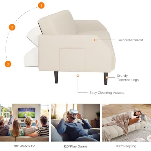 Fadware Faux Leather Couch, Convertible Futon Sofa Bed with Adjustable Backrest, Mid Century Leather Sofa Loveseat with Side Pockets& Metal Leg, Modern Leather Sleeper Sofa for Living Room Bedroom