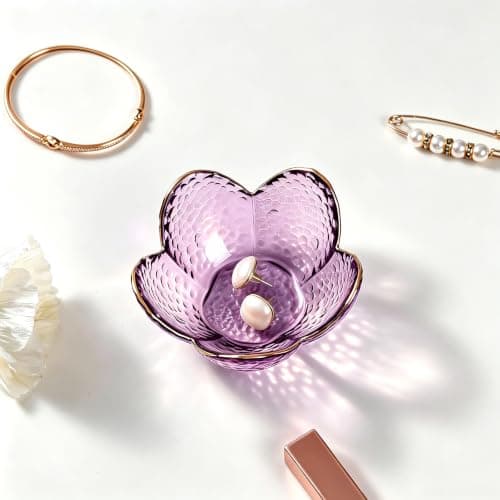 Purple Flower Jewelry Dish Glass Ring Dish Jewelry Tray Cute Vanity Organiser Room Decor Aesthetic Nightstand Bathroom Decor Trinket Dish Ring Holder Valentine's Friendship Birthday Gifts for Women