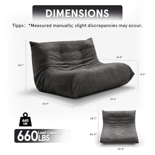 Sytopia Loveseat Bean Bag Chair, Oversized Reading Chair for Adults Ultra-Comfy, Corner Floor Sofa 40D Foam, Furniture for Living Room Bedroom Gaming, Black Onyx