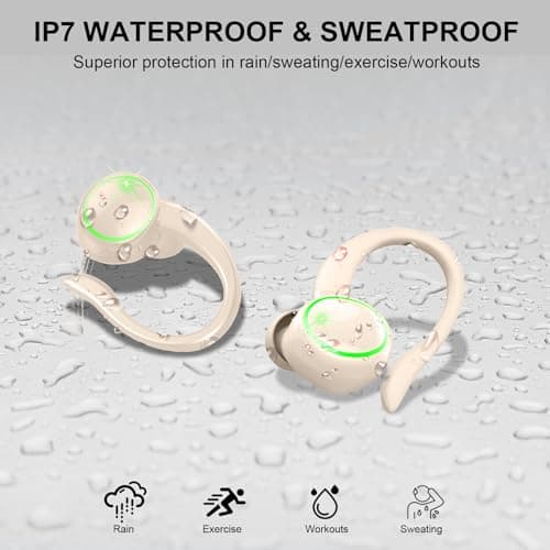 Matast Wireless Earbuds, Bluetooth Headphones Sports, Bass Fitness Earphones Gym Running, IP7 Waterproof Headset with Earhook Workout, Playback Over-Ear Buds with ENC Noise Cancelling Mic