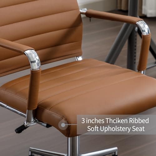 Office Desk Chair Leather, Conference Room Chairs with Wheels, Executive Modern High Back Ergonomic Swivel Rolling Ribbed Computer Chair(Brown)