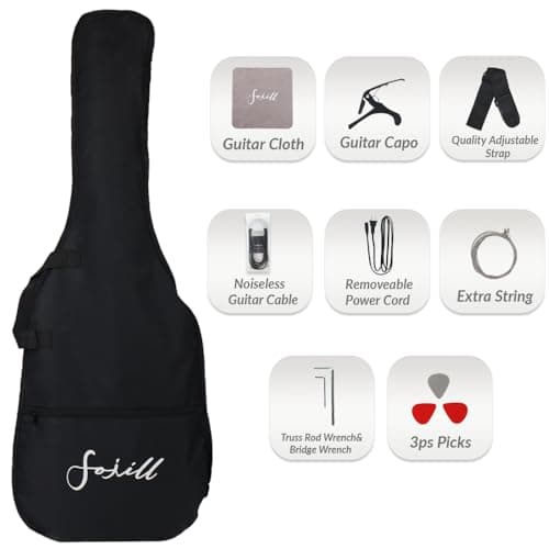 Fojill Full Size 4 Four String Electric Bass Guitar 20W Amplifier Amp Right Hand Beginner Starter Kit Set Combo Bundle Accessory Gig Bag,Strap,Picks,Capo,Noiselss Cable,Strings (Black)