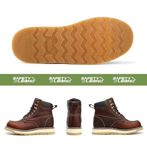 SAFETY LOONG Moc Toe Work Boots for Men Waterproof Soft/Steel Toe Comfortable Full Grain Leather Non Slip Wedge Outsole Construction 6" Workboots