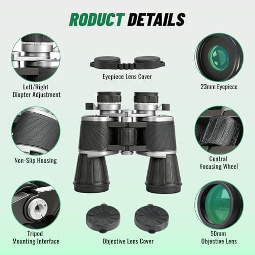 10x50 Binoculars with Dual Independent Eyepiece Adjustment, with BAK4 Prism FMC Lens Low Light Vision & Large View - Professional Binocular for Bird Watching Hunting Stargazing Sports Travel