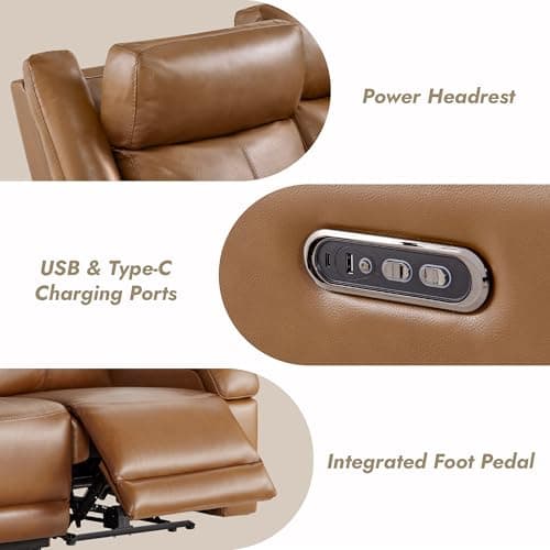 Watson & Whitely Genuine Leather Power Recliner Sofa, 3 Seater Wall Hugger Reclining Sofas with Power Headrest, USB & TypeC Ports, Electric Recliner Couch Set for Living Room, Saddle Brown