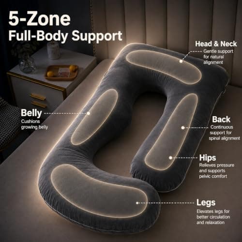 Pregnancy Pillow, Full Body 57 Inch Maternity Pillow with Removable Washable Cover - Sleep Support for Legs, Back, Neck, Shoulder, HIPS, Belly for Pregnent Women, Black Grey Velvet Cover
