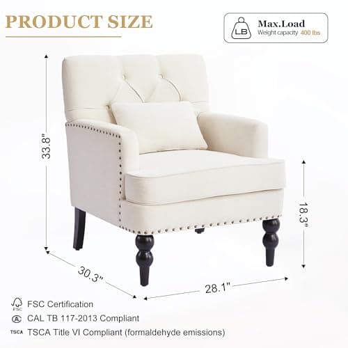 HUIMO Tufted Club Chair,Accent Chair with Lumbar Pillow, Upholstered Button Armchair, Linen Fabric Sofa Chairs for Bedroom, Living Room, Mid Century Modern with Studded Reading Chair Beige