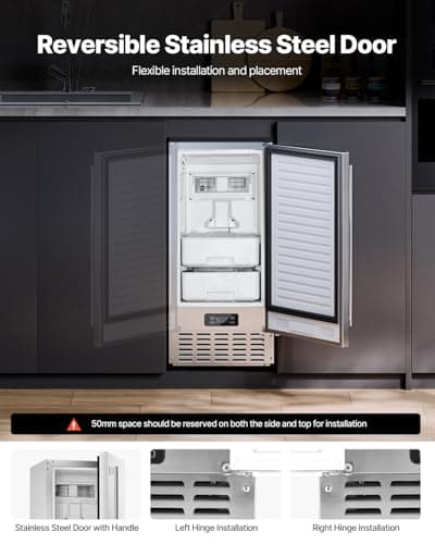 VEVOR Undercounter Built-in Ice Maker, 66 Lbs/Day Under Counter Nugget Ice Maker Machine with Reversible Door, Stainless Steel Freestanding Ice Maker for Commercial Home Kitchen, Electric Drainage