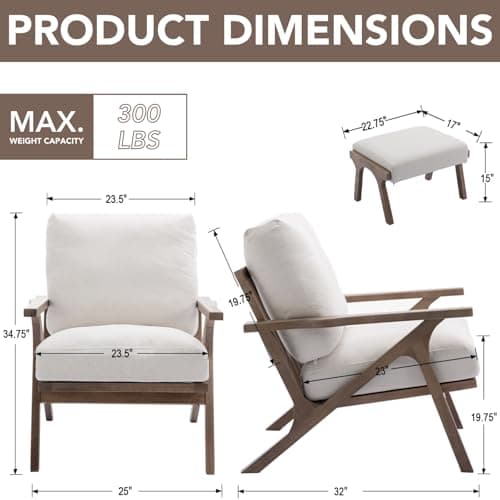 chairus Mid-Century Modern White Linen Accent Chair with Ottoman, Comfy Upholstered Lounge Armchair with Removable Cushions & Solid Wood Frame, Fabric Reading Chair for Living Room Bedroom Office