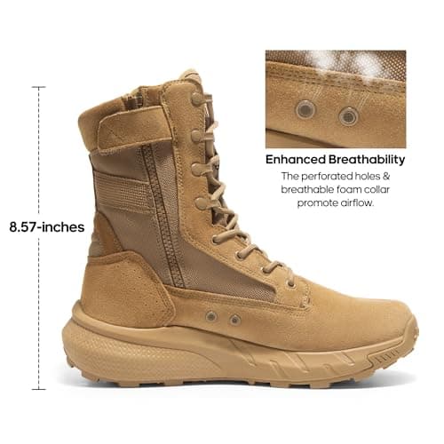 NORTIV 8 Men's Breathable Tactical Military Work Boots Side Zipper Leather Lightweight Hiking Motorcycle Combat Boots 8 Inches Peakforce