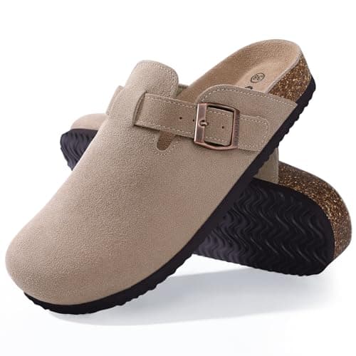 ODOLY Genuine Suede Clogs for Women Men Soft Cork Footbed Leather Mules Comfort Potato Shoes with Arch Support