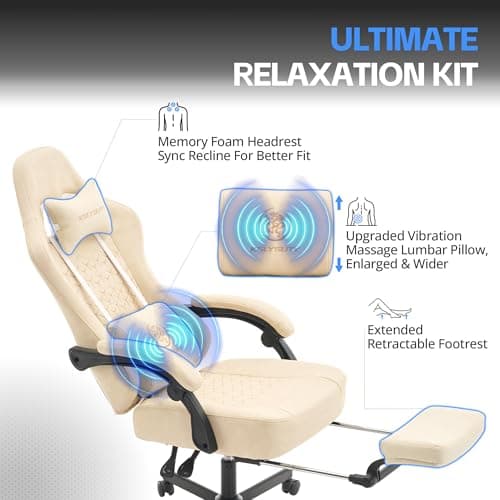 Gaming Chair Breathable Leather with Pocket Spring Cushion, Wide and High Ergonomic Office Chair with Headrest, Computer Gaming Chair with Footrest for Adult and Teen (Beige Leather)